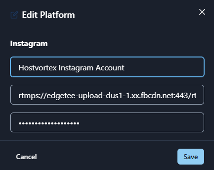 Pasting stream URL and key into Hostvortex dashboard